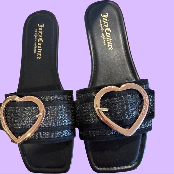 Juicy Couture Shoes - Juicy Couture Black Slide Mules with Rose Gold Heart Buckles